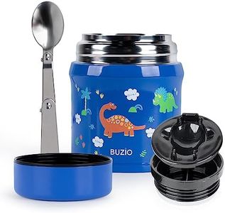 BUZIO Insulated Food Container for Kids Adult, 10oz Stainless Steel Vacuum Insulated Kids Food Jar with Folding Spoon, Leak Proof, Vacuum Insulated food jar, Portable Food Bowl, Blue Dinosaur