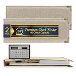 Performore12 X4 1UP Premium Business Cheque Book Binder, Includes Pen and Calculator, Light Tan Fabric 3/4" Round Ring 60 Check Capacity, 1 Inner Fabric Pocket and Clear Pocket on Both Covers 2 Pack