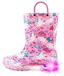 HugRain Girls Kids Wellies Wellingtons Boots Baby Child Light Up Rain Boots Toddler Waterproof Shoes Lightweight Unicorn Cute Design with Easy On Handles and Insole (Size 8,Pink)