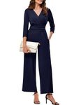 JASAMBAC Womens Jumpsuits Uk,Wide Leg Jumpsuits Elegant Festival Outfit Evening Jumpsuit 3/4 Length Sleeves Wedding Guest Outfits One Piece Ruched Wrap V Neck&High Waist Romper Party Jumpsuits