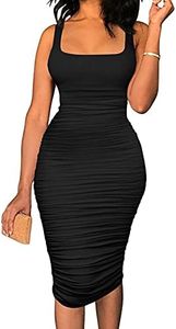 BEAGIMEG Women's Sexy Tank Top Bodycon Ruched Sleeveless Basic Midi Party Dress, Black, Small