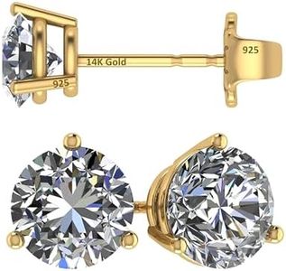 14K Gold Post & Sterling Silver Pure Brilliance Zirconia 3 Prong Martini Style Stud Earrings 1.0ct to 4ct, 2.0 Carat Total Weight, Sterling Silver, Cubic Zirconia