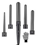 CkeyiN 5 in 1 Ceramic Curling Iron Wand Set with 5 Interchangeable Barrels Temperature Control Fast Heating Up for All Hair Types + [1x Heat Resistant Glove] (Black)