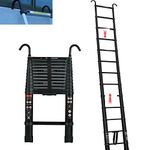 3.8M Heavy Duty Telescopic Ladders With Hooks 13 Steps Aluminum Extending Roof Ladder for Multi-Purpose Indoor Outdoor Roof Work Decoration Builder Supply 150KG Capacity - Black