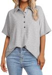 SHEWIN Womens Summer Shirts Casual Polo Short Sleeve Top Loose V Neck Work Business Tunic Tops for Women Trendy,Grey,US 4-6(S)