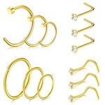 D.Bella Gold Nose Stud 18 Gauge-Nose Ring Hoop 8mm 10mm 12mm Nose Screws and Clear Nose Studs