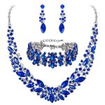 BriLove Wedding Bridal Necklace Earrings Bracelet Jewelry for Women Austrian Crystal Marquise Cluster Collar Necklace Dangle Earrings Link Bracelet Set Royal Blue Silver-Tone