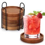 6 Pcs Best Wooden Coasters with Holder Coffee Table Coasters for Drink Acacia Wood Coaster Set Modern Cup Coasters Cute Beer Coaster Bar Coasters Decorative Beverage Coffee Table Coasters