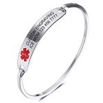 MOWOM Medical Alert Cuff Bangles Bracelet For Women Girls Customized Engraving Stainless Steel Personalized Name ID Identification Allergy Emergency (Silver Color, 60mm Diameter, 8mm Width)