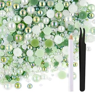 ASTARON 50g Mix Flatback Rhinestones Half Pearls for Crafts Mixed Size 3mm-10mm Flat Back Rhinestones for Crafts Flatback Pearls for DIY Tumblers Mugs Nail Art Shoes Clothes (Fresh Green Series)