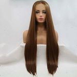 Xiweiya Brown Straight Lace Wigs Long Hair Wigs Synthetic Lace Front Brown Wigs For Women Middle Parting Heat Resistant Fiber Hair Wigs Natural Hairline Glueless hair Soft Lace