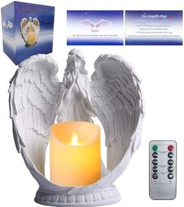 Carefree Fish Starry Sky White Angel Wing Praying Sandstone Statue Angel Figurine Prayer Home Decor Memorial LED Candle Holder 9Inch (Remote Control, with Timing Function.)