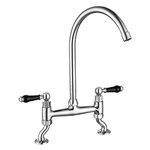 Traditional Kitchen Sink Bridge Mixer Tap Dual Black Handle 2 Hole Deck Mount Tap Monobloc Swivel Spout Chrome