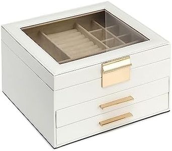 Jewelry Box with Glass Lid, 3 Layers Jewelry Organizer, 2 Drawers, Large Storage Space, Modern, Wonderful Gift, White