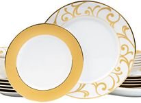 Dankotuwa Luxury Porcelain Service for 6, 24K Gold Crafted Dinner Set Dishwasher Safe Vegan Scratch and Chip Resistant | Light Weight Crockery 21 Pieces (Gold Mix)