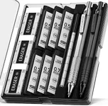 Four Candies 2PCS Metal Mechanical Pencils Set with Case, 0.5mm & 0.7 mm Artist Pencil with 6 Tubes (360PCS) HB Lead Refills, 3 Erasers,9 Eraser Refills For Writing Drafting, Drawing, Black&Silver