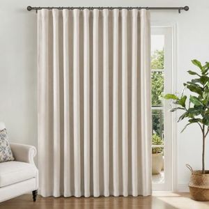 INOVADAY 100% Blackout Curtains for Sliding Glass Doors, 102 Inch Extra Wide Sliding Door Curtains, Clip Rings Linen Drapes, Thermal Insulated Room Darkening for Living Room, 1 Panel - Beige, W102xL84