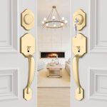 goldenwarm Double Front Door Lock Set, Gold Double Door Handlewith Dummy, Double Classic Front Door Hardware Set with Reversible Wave Handle Lever, Double Entry Door Lock Set