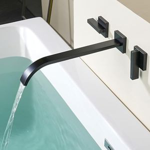 Modern Blacl Wall Mount Bathtub Faucet Solid Brass,AUU Double Handle Waterfall Roman Tub Faucet Wall Mounted,Rough in Valve Included (Matte Black, 11.8" Long Spout)