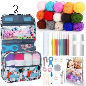 Aeelike Crochet Kit for Beginners with 15 Colors Yarn and Introduction Book, 71pcs Crochet Starter Kit Everything for Adult, Learn to Crochet Kit with Soft Grip Crochet Hooks and Blue Cat Bag