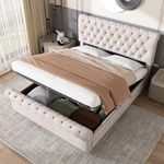 BTM Double Bed, Upholstered Bed 135 * 190cm, Ottoman Bed Double, Double Bed with Storage, Luxurious Velvet Sleigh Bed (No Mattress, Velvet)