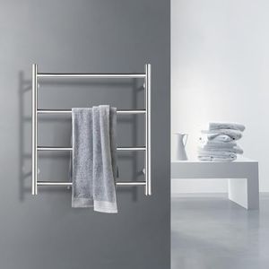 ACA Trading 4 Rungs Bathroom Electric Heated Towel Rail Rack 520x500mm Wall Mounted Round Towel Warmer Stainless Steel Towel Heater Dryer Heated Towel Rail Holder Waterproof SAA (Silver)