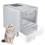 Foldable Cat Litter Tray, Cat Litter Box with Front Entry Top Exit, Large Kitty Litter Pan Kitty Litter Box with Lid & Pet Litter Shovel for Outdoor, Indoor, Travel-Pink (Gray)