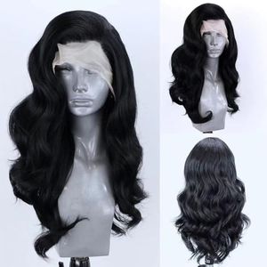 KAMIMASU Cheap Black Wig Long Wavy Synthetic Lace Front Wig Natural 1B# Black Lace Front Wig Heat Resistant Fiber Wig for Woman 24inch