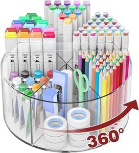 AUMA Acrylic Pen Holder Pencil Organizer, 360-Degree Rotating Pencil Holder, Crayon Organizers for Kids Marker Holder Caddy Art Supply Organizer for Desk, Kids Desk Organizer for Office Home School