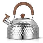 Whistling Kettle, 3L Stainless Steel Stove Top Kettle with Wood Grain Handle Large Capacity Camping Kettle Kitchen Teapot for Gas Stove and Induction Cooker(Silver)