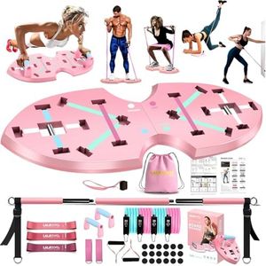 LALAHIGH Push Up Board, Portable Home Workout Equipment for Women & Men, 30 in 1 Home Gym System with Pilates Bar, Resistance Band, Booty Bands, Pushup Stands for Body Shaping - Pink Series