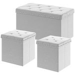 YITAHOME Storage Ottoman, Padded Foldable Bench with Rivet, Set of 3, Velvet Ottoman Foldable Tufted Storage Boxes Seat Foot Stool for Bedroom, Hallway, Living Room, Gray