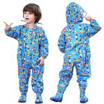 JinBei Puddle Suits Kids Boys Raincoat Hooded Rainwear Lightweight Blue One Piece Waterproof Rainsuit Cartoon Cars Pattern Portable Breathable PVC Transparent Hat Brim Zipper Hiking Travel 3-5 Years