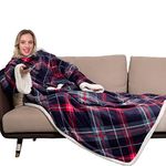 Winthome Double Warmer Wearable Blanket with Sleeves, Super Soft Sherpa Blanket for Adult Women Men (Plaid Blue)