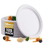 Beeleeve [125-Pack Super Strong 100% Compostable Disposable Round Bagasse Paper Plates - Eco-Friendly, Sugarcane Fibre - Heavy Duty, Biodegradable, Sustainable, BBQ, Picnic, White (25cm-10in)