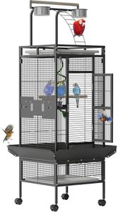 60 Inch Wrought Iron Large Bird Cage with Rolling Stand, Metal Parrot Cage with Play Top & 4 Stainless Steel Bowls for African Grey Cockatiel Sun Parakeet Green Cheek Conure Lovebird Budgie, Black