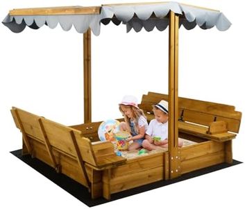 Wooden Kids Sandbox with Lid, Outdoor Sand Box with Canopy and Two Foldable Bench Seats, Sandbox with Cover for Play, Backyard, Gift for Kids Aged 2-8, Bottom Liner & Adjustable Cover, 47''