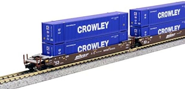 Kato USA Model Train Products N Gunderson Maxi-IV 3-Unit Set BNSF Swoosh #254353 w/Crowley Logistics 53' Containers, BNSF Red