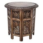 Small Round Coffee End Tables Décor for Living Room Bedroom Boho Foldable Carved Wooden Furniture Indian Decorative Vintage Bedside Narrow Accent Drum Side Table - 18x18 Inch