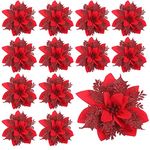 12 Pieces 5.5 Inches Large Red Christmas Flower Christmas Glitter Poinsettia Artificial Flowers Xmas Flower Heads Christmas Tree Decorations Xmas Decor Xmas Garland Wreaths DIY Decorations Supplies