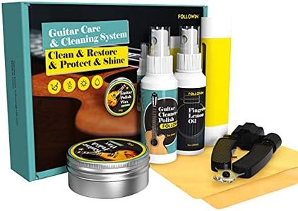 Guitar Cleaning Kit, FOLLOWIN Guitar Care System 7 Pack, Cleaner Polish, Fingerboard Lemon Oil, String Cleaner & Lubricant, Guitar Wax, Winder, Microfiber Cloth