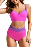 Hanna Nikole Women High Waisted Bikini Sets Ribbed Two Piece Swimsuit Color Block Bathing Suit Slimming Swimwear Pink XL