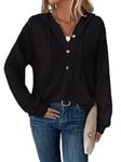 RIROW Womens Tops Long Sleeve Shirt Waffle Henley Hoodies Drawstring Sweatshirt Raglan Sleeve Button Up Fall Winter Sweater 2024 New Black 3X