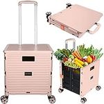 SELORSS Foldable Utility Cart Portable Collapsible Crate Rolling Carts with Wheels Rolling Tote Basket with Lid Wear-Resistant 360°Rotate Wheel Noiseless for Shopping Storage Office (Pink)