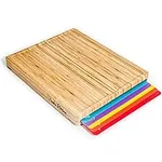 Easy-to-Clean Large Bamboo Wood Cutting Board Set with 6 Color-Coded Flexible Cutting Mats with Food Icons - Chopping Boards Set