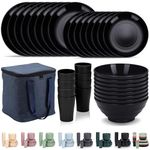 Evanda Plastic Dinnerware Sets 32 Piece Service for 8 with a Portable Oragnizer Bag, Reusable Plates and Bowls Sets Include Cups, Bowls, Dishes for Home, Camping, Picnic, Outdoor (Black)