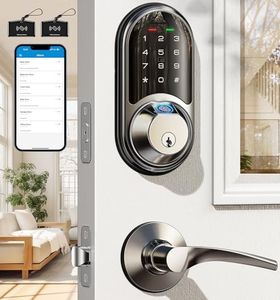 Veise Smart Locks for Front Door, 2 Lever Handles, Fingerprint Keyless Entry, App Control Biometric Door Lock Set, Electronic Digital Touchscreen Keypad Deadbolt, Easy Install, Auto Lock, Satin Nickel