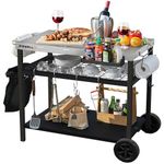 PIZZELLO Outdoor Grill Cart Three-Shelf Pizza Oven Stand Table with Wheels Dining Cart Table for Outside Patio, Movable Kitchen Cooking Prep Table BBQ Cart with 95 cm x 62 cm Stainless Steel Tabletop