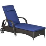 Outsunny Wicker Chaise Lounge, Outdoor Lounge Chair, PE Rattan Patio Sun lounger with Head-rest, 5-Level Height Adjust Backrest, Cushion, & Wheels, Deep Coffee and Navy Blue