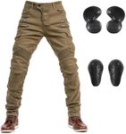 LOMENG Motorcycle Riding Pants Motorbike Motocross Cycling Jeans Safety CE Knee Hip Removable Armored All Seasons for Men Khaki 36